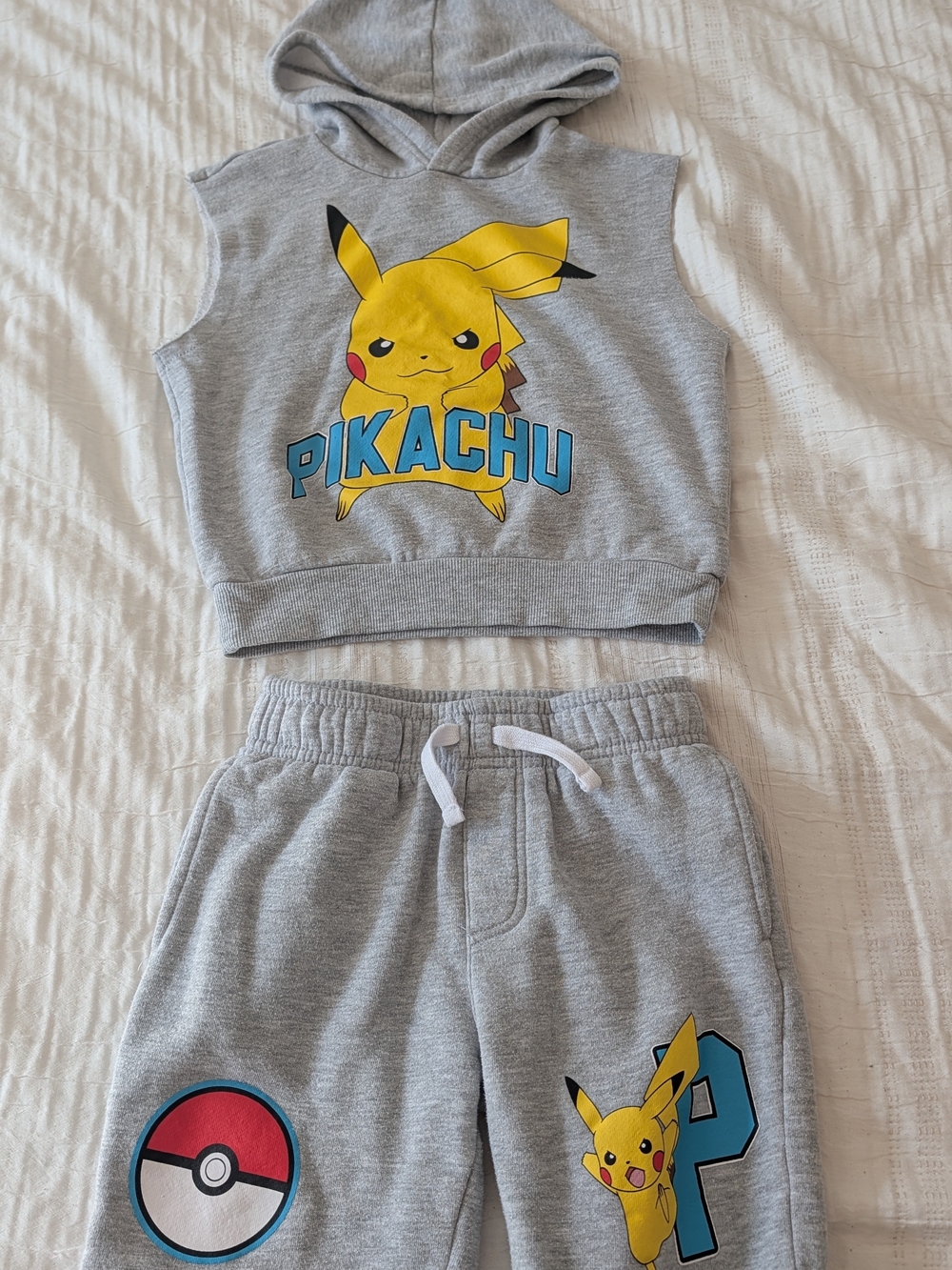 Pikachu Grey Sleeveless Hoodie & Jogger Set - Yellow/Blue Graphics